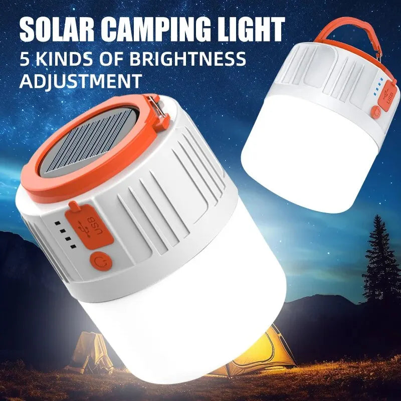 USB Rechargeable Solar LED Camping Light Bulb – 5W Outdoor Tent Lantern with 3 Modes for Hiking, Emergencies & Power Outages