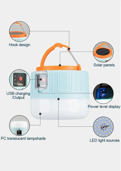 Solar Camping Lantern – Rechargeable LED Light with Power Bank & Remote | Waterproof & USB/Solar Charging