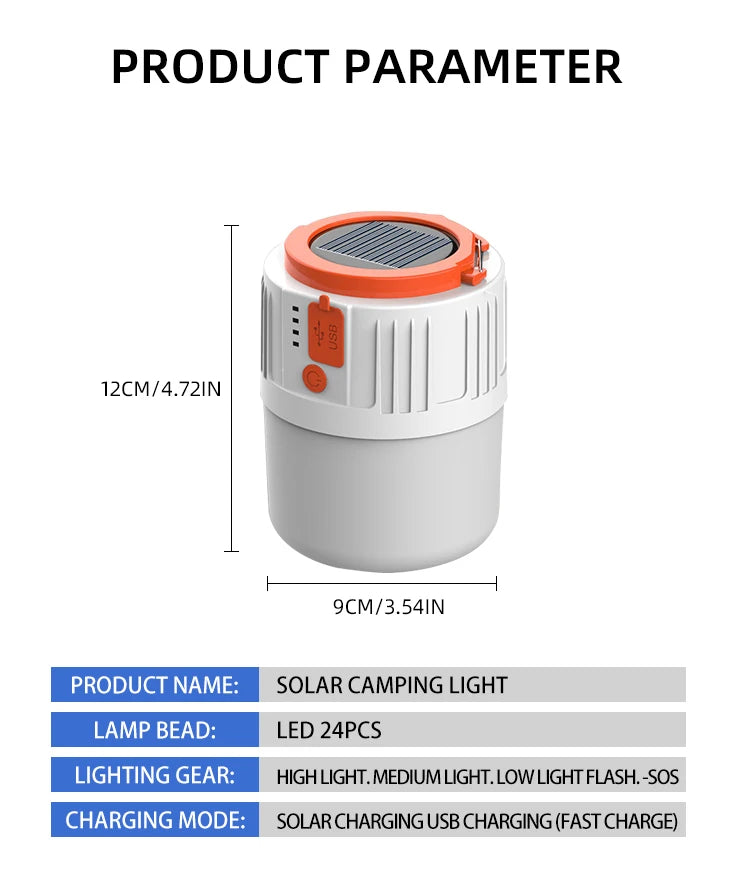 USB Rechargeable Solar LED Camping Light Bulb – 5W Outdoor Tent Lantern with 3 Modes for Hiking, Emergencies & Power Outages