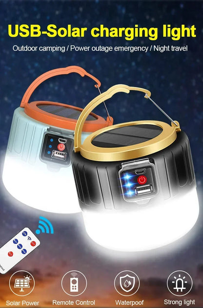 Solar Camping Lantern – Rechargeable LED Light with Power Bank & Remote | Waterproof & USB/Solar Charging