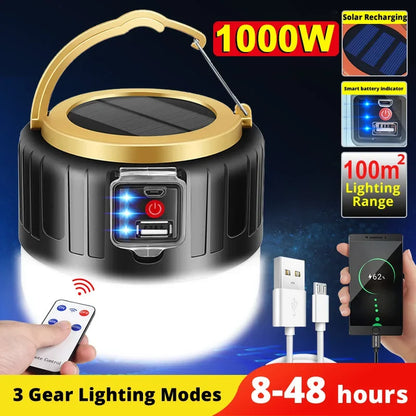 Solar Camping Lantern – Rechargeable LED Light with Power Bank & Remote | Waterproof & USB/Solar Charging