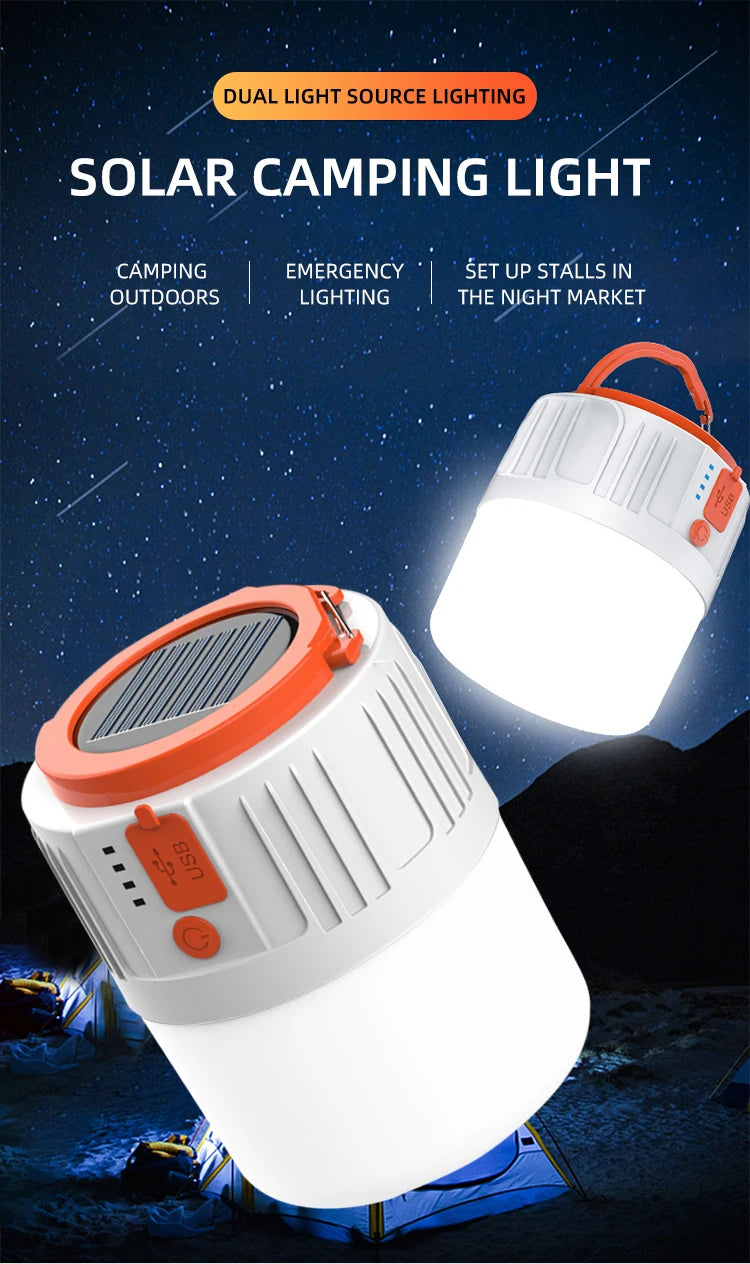 USB Rechargeable Solar LED Camping Light Bulb – 5W Outdoor Tent Lantern with 3 Modes for Hiking, Emergencies & Power Outages