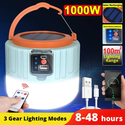 Solar Camping Lantern – Rechargeable LED Light with Power Bank & Remote | Waterproof & USB/Solar Charging