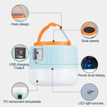 Solar Camping Lantern – Rechargeable LED Light with Power Bank & Remote | Waterproof & USB/Solar Charging