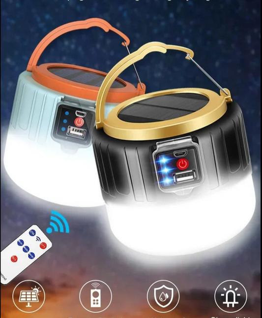 Solar Camping Lantern – Rechargeable LED Light with Power Bank & Remote | Waterproof & USB/Solar Charging